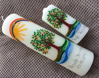 Bougie baptismale arbre de vie, 1 bougie baptismale, 1 bougie de parrain ou de table, bougies supplémentaires possibles, inscription incluse, catholique, protestant