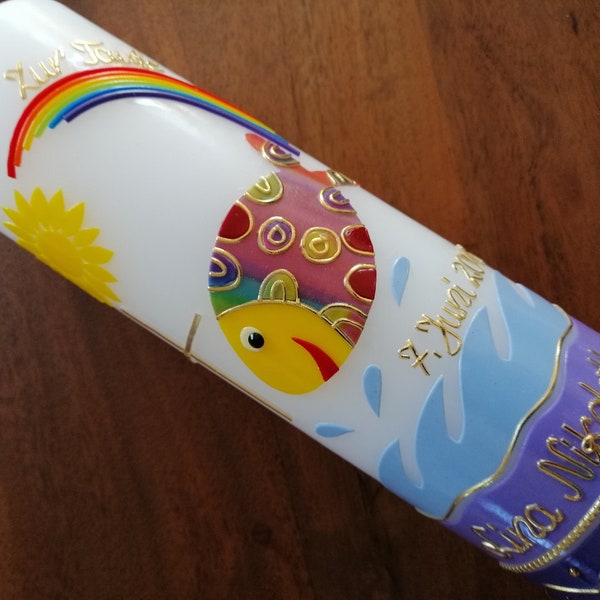 Baptismal candle - colorful fish - water - girl - candle - baptism - handmade - no foil - incl. wax label