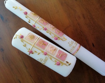 Baptismal candle cross, baptismal candles, communion candle, communion candle set, girl, boy, incl. table candle, no foil, incl. wax lettering