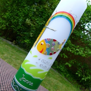 Vela de bautismo con peces de colores, incluidas etiquetas, niñas, niños, preferencias de color, adornos de cera, sin papel de aluminio, estampados ni pegatinas con letras
