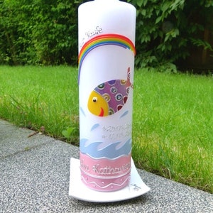 Candle for baptism colorful fish including lettering wax decorations no foil no print