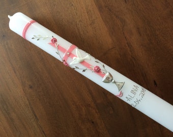 May include: White baptism candle with a pink ribbon, a silver cross, a white dove, and a silver chalice. The candle is decorated with pink roses and silver leaves. The name "Alina" and the date "04.04.2004" are inscribed on the candle.