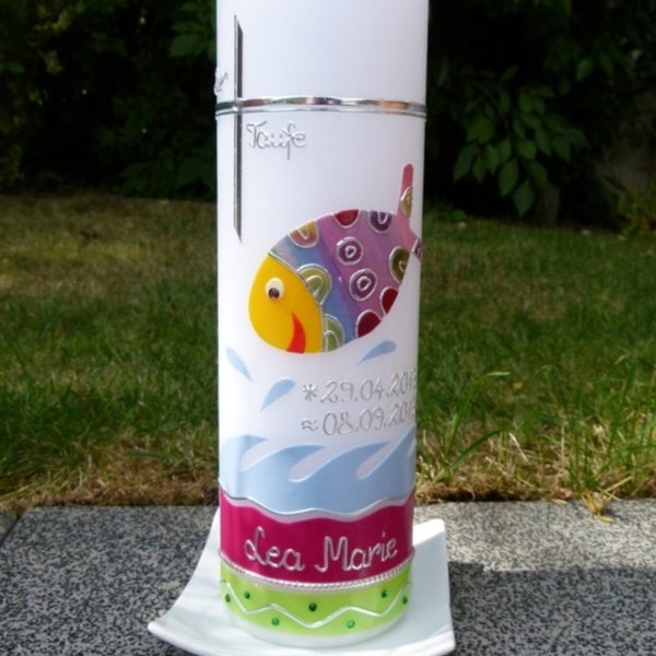 Baptismal candle - colorful fish - water - girl - candle - baptism - handmade - no foil - incl. wax label