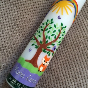 Baptismal candle girl, baptismal candle tree of life with fox, rainbow, sun