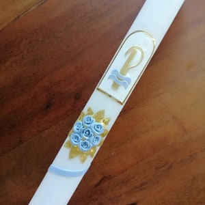 Communion candle, baptism candle for boys (incl. label + storage box)