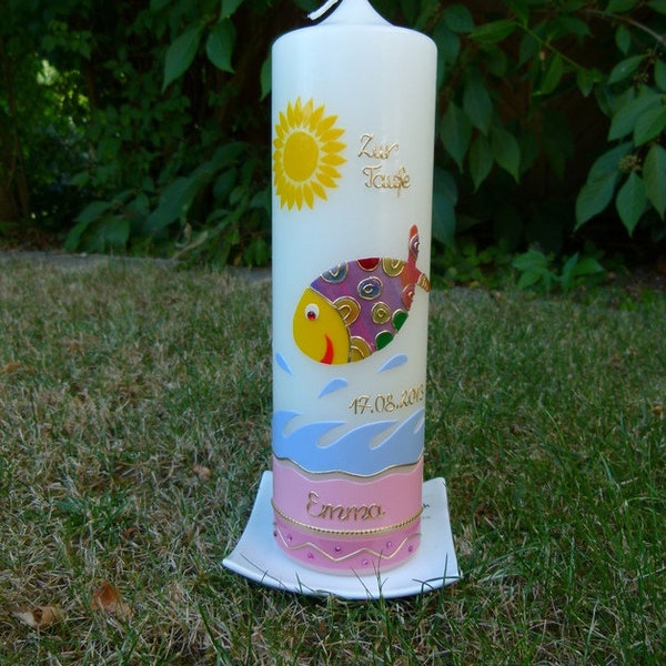 Baptismal candle - colorful fish - water - girl - candle - baptism - handmade - no foil - incl. wax label