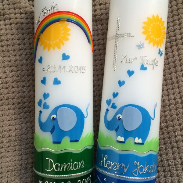 2 baptismal candles Elephant, twins, siblings, incl. captions, color wishes possible, girls, boys, Baptism, Catholic, evangelical