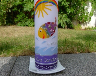 Baptism candle, colorful fish, fish, sun, rainbow, water purple, girl, boys