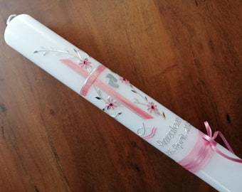 May include: White baptism candle with a pink cross, silver floral accents, and the text "Anyacolea 26th April 2019".