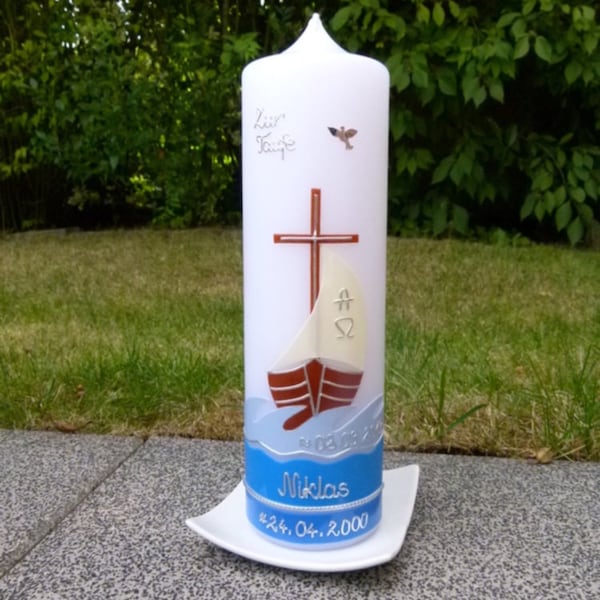 Baptismal candle - boat - ark - girl - candle - baptism - handmade - no foil - incl. wax label