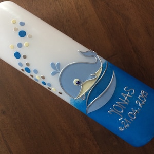 Taufkerze - Wal - Fisch - Mädchen - Junge - Kerze - Taufe - Handarbeit - keine Folie - Wachsbeschriftung