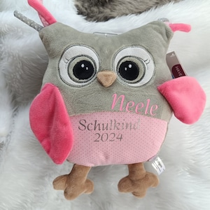 May include: A plush owl toy in gray, pink, and brown. The owl has large black eyes, pink wings, and the name "Neele" embroidered in pink. The text "Schulkind 2024" is also embroidered on the owl's belly.