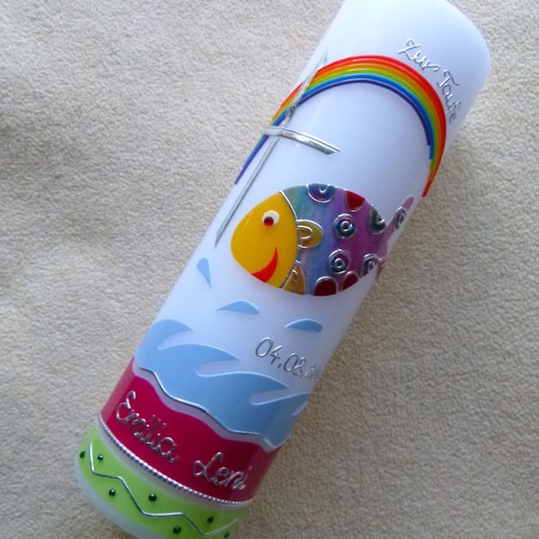 Baptismal candle - colorful fish - water - girl - candle - baptism - handmade - no foil - incl. wax label