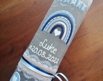 Baptismal candle Rustica vintage look shabby rustic, rainbow cross heart fish boys blue color requests also for girls including wax lettering