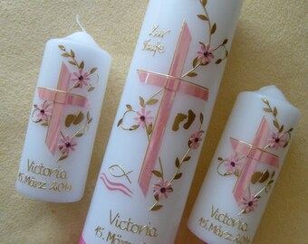 Bougies de baptême, ensemble, bougie de baptême, bougies de parrainage, bougies de table, y compris l'inscription, demandes de couleurs possibles, filles, garçons, rose, ensemble de bougies, catholique
