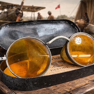 May include: Vintage aviator goggles with yellow-tinted lenses and a metal frame, resting in a black case. The goggles are set on a wooden chest, with an airplane in the background, evoking a historical or military theme.