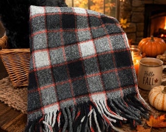 Vintage Pendleton Orange Gray and Black Wool Throw Blanket Tartan Print