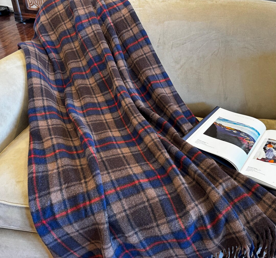 Vintage Pendleton Blanket Navy Blue Brown and Orange Plaid Wool Throw