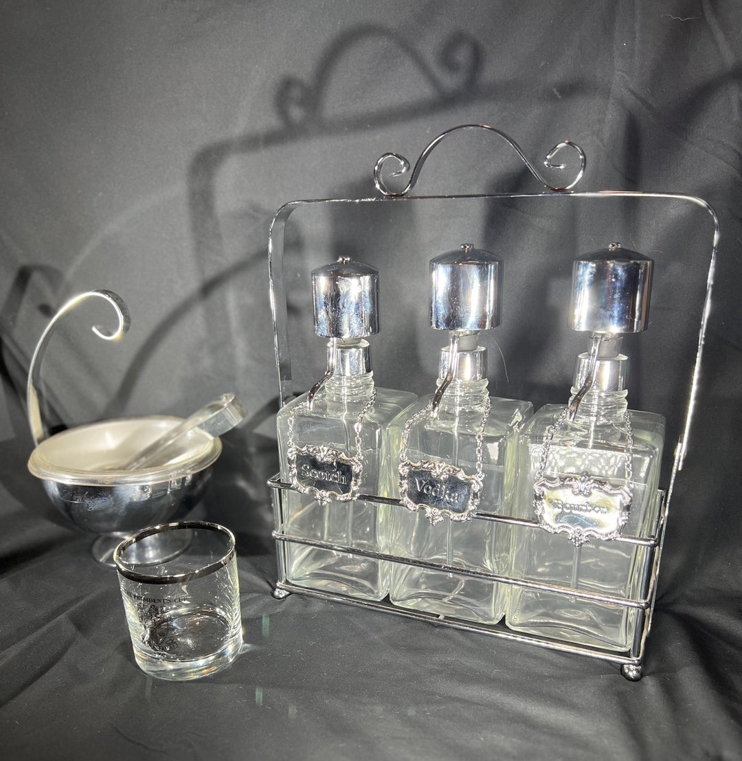 Vintage Large Glass Decanter Set of 3 Tantalus Style Etsy
