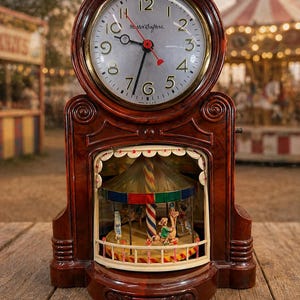 May include: A Master Crafters mantel clock with a dark wood-grain finish, featuring a round clock face with black numerals and hands. Below the clock face is a miniature carousel with colorful horses and a striped center pole inside a display area.