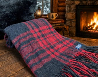 Vintage Pendleton Red and Black Plaid Wool Throw Blanket Tartan Print