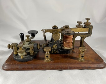 Antique Unmarked Telegraph Key and Sounder Pinstriped Wood Base