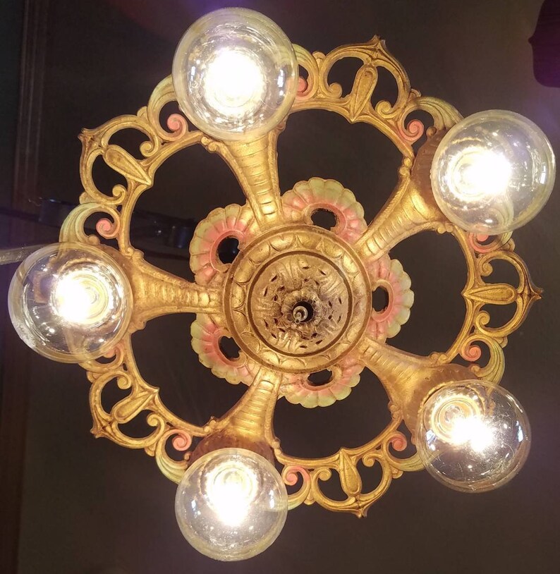 Antique Ceiling Light Fixture Cast Iron 5 Bulb Works 1920s