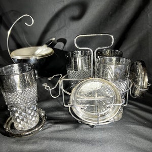 Vintage Bar Glass Set  of 4 with Rack and Coasters Mid Century Design Dorothy Thorpe
