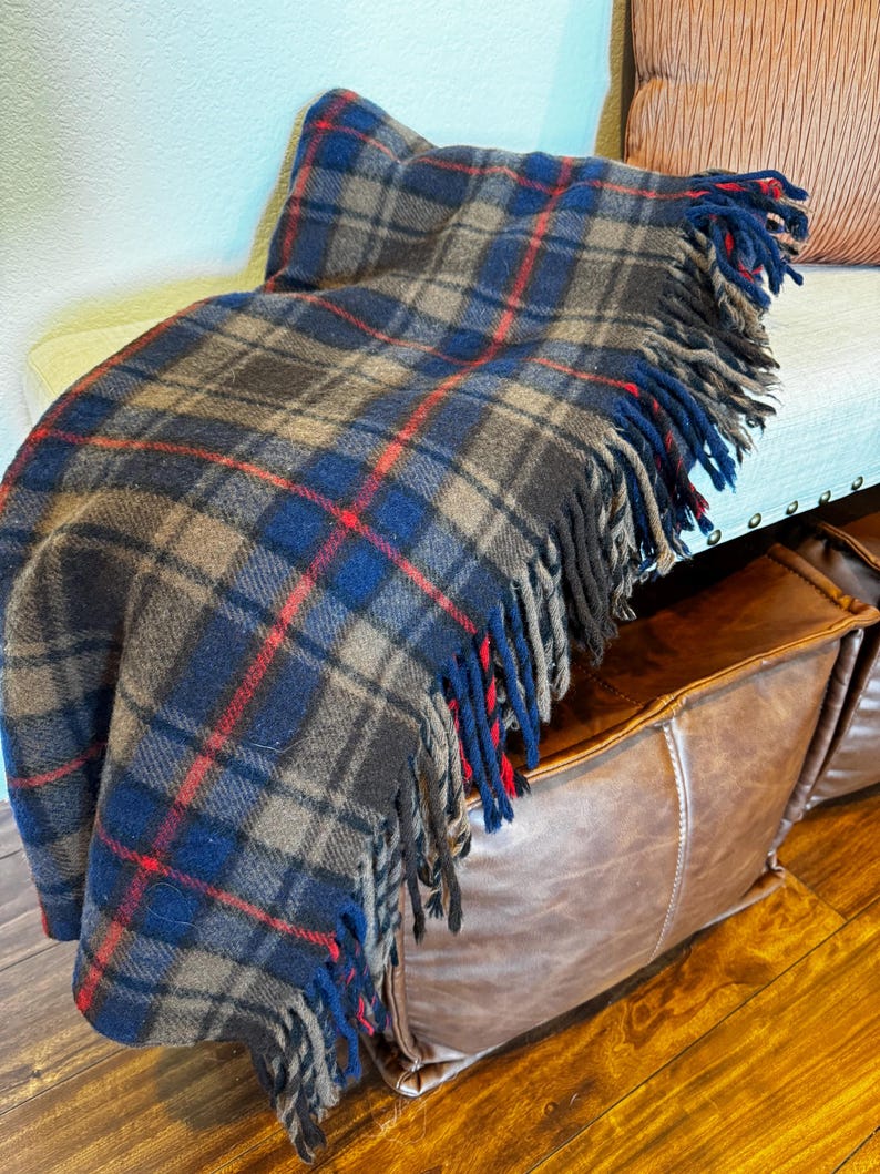 Vintage Pendleton Blanket Navy Blue Brown and Orange Plaid Wool Throw