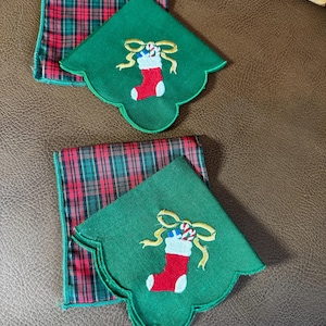 Vintage Christmas Holiday Cocktail Napkins Plaid and Stocking Set of 4
