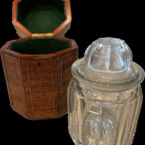 Antique Early 20th Century Brass Inlaid Mahogany Humidor with Original Glass Sleeve