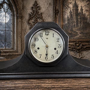May include: A black mantel clock with a wide, low-profile base and an octagonal frame surrounding a circular clock face. The face features a cream-colored background, black Arabic numerals from one to twelve, and two thin black clock hands.