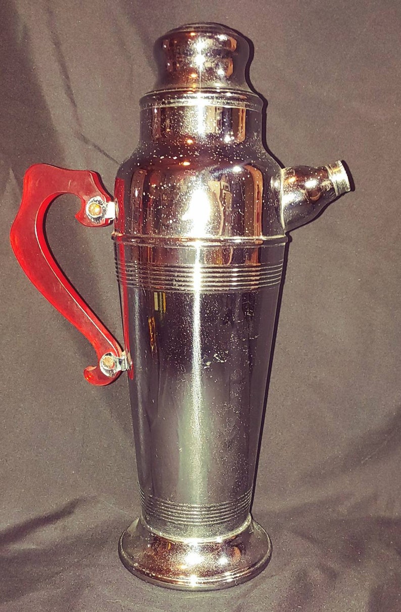 Vintage Mid Century Cocktail Shaker Chrome Red Lucite Handle Etsy