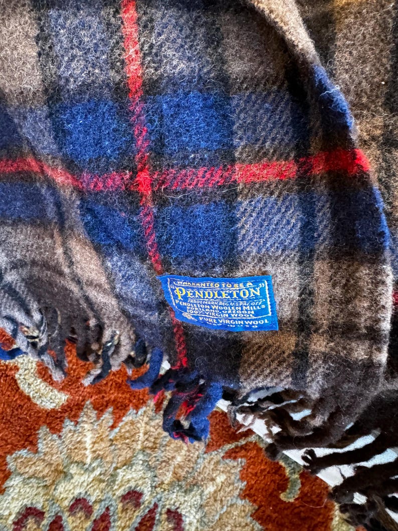Vintage Pendleton Blanket Navy Blue Brown and Orange Plaid Wool Throw