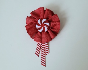 Brooch, badge, pin for humans - rustic peppermint candy cane BEAD rosette, cockade, bow for Christmas, Yule, winter holidays