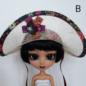 Doll wide brim sinamay hat, Blythe, Pullip size, with flower print trim, and rosette - B- neater weave