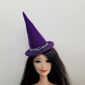 Doll mini witch&#39;s hat, purple and gingham, Barbie, Petite Blythe, Descendants size