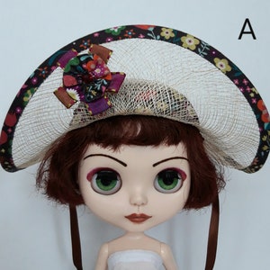 Doll wide brim sinamay hat, Blythe, Pullip size, with flower print trim, and rosette - A - looser weave