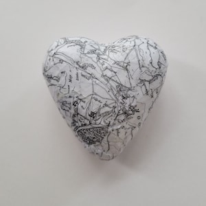 3D Decoupaged gothic North York Moors, Yorkshire map heart decoration, small, plump, black and white,