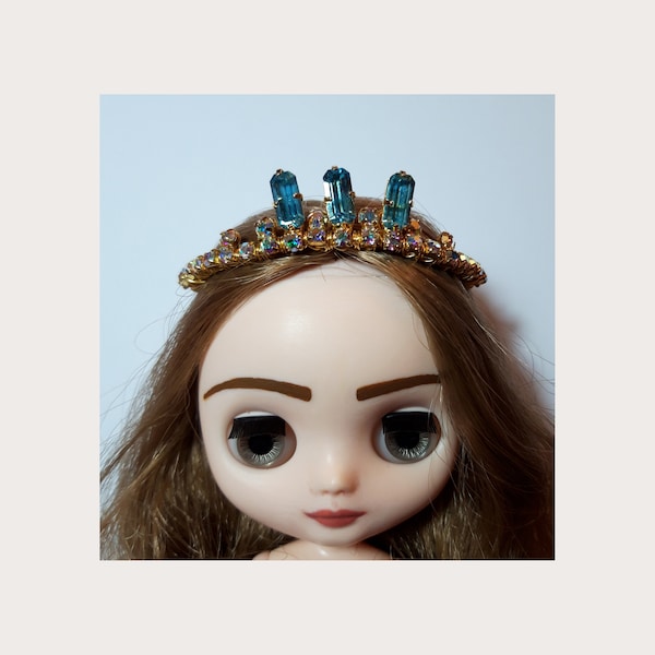 Doll aquamarine and aurora borealis AB diamante/rhinestone/paste tiara crown, Middie Blythe, Rainbow High, Shadow High size