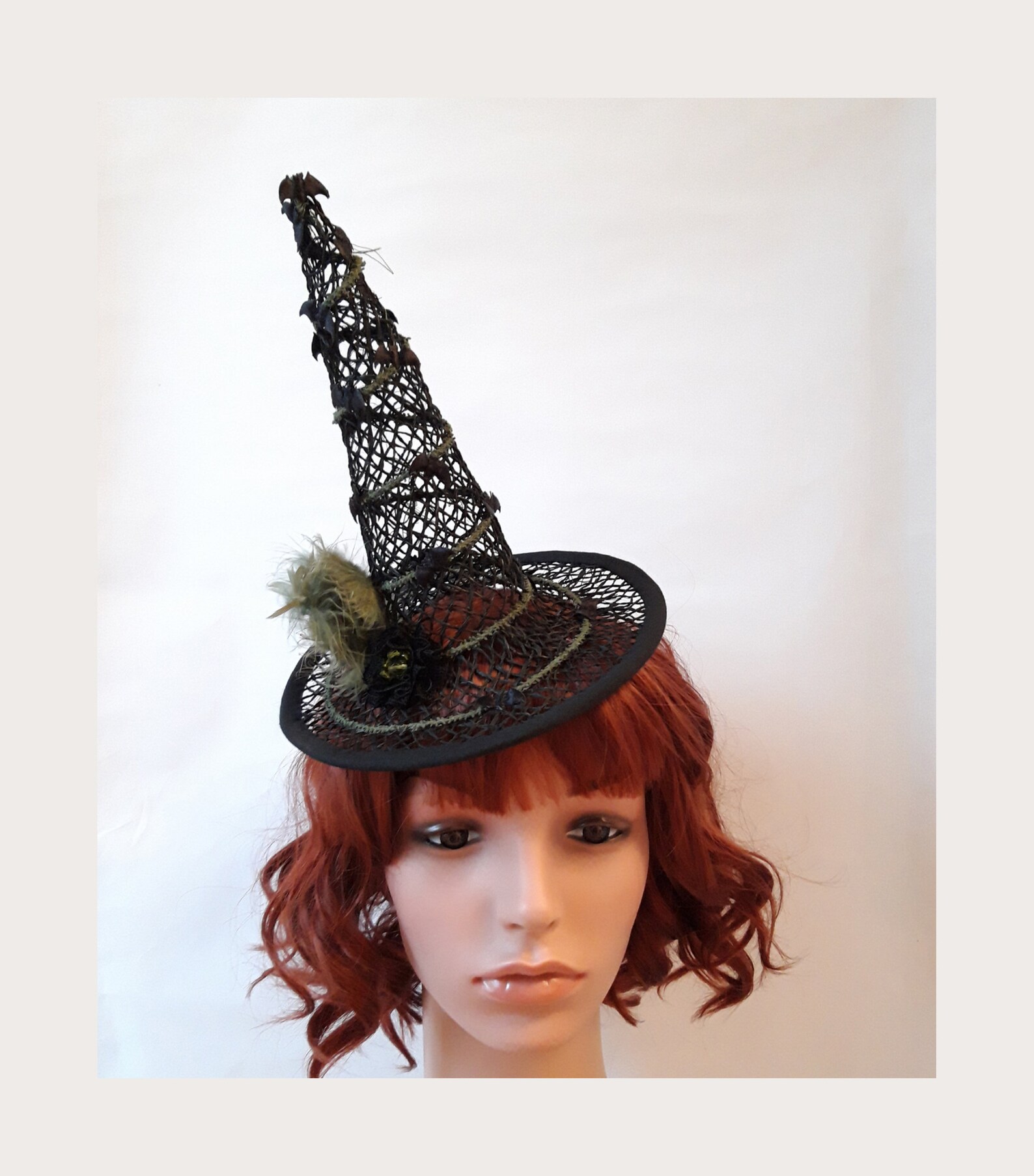 Shabbychic Perching Mini Witch's Hat With Olive Green Braid and