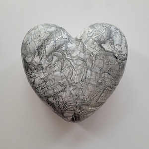3D Decoupaged gothic North York Moors, Yorkshire map heart decoration, large, plump, greyscale
