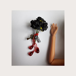 Doll bouquet, black roses Gothic/Twisted Fairy Tale Bouquet, with red drop beads and miniature key