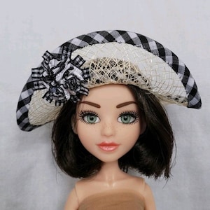 Doll wide brim sinamay hat, Ever After High, Project Mc2 size, with black and white gingham/buffalo check trim, and rosette