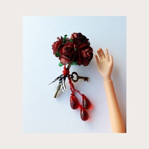 Doll bouquet, dark red roses Gothic/Twisted Fairy Tale Bouquet, with red drop beads and miniature key