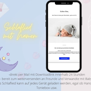 Puede incluir: Una pantalla de teléfono azul y blanca que muestra una canción de cuna personalizada con el texto "Lieber Ben, dein Name ist etwas ganz Besonderes, genau wie Du!" y una foto de un bebé durmiendo con un animal de peluche. El texto debajo de la foto dice "Hier sind deine ganz persönlichen Schlaflieder. Dieser Link führt dich zu WeTransfer. Hier kannst du ihn trotzdem in die Datenentschützung akzeptieren musst du die Lieder selbständig herunterladen und an ein beliebiges Gerät (Handy, PC, Toniebox, Notebook) laden."