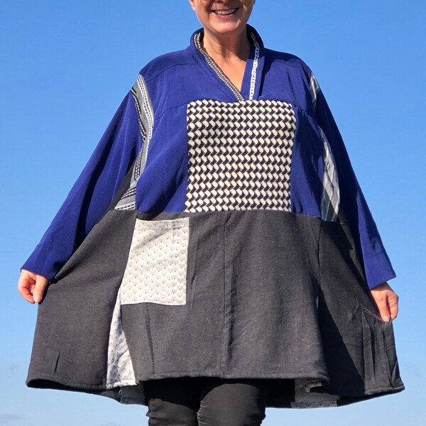 Patchwork Plus-Size Wolle Warm Pullover Kleid Handgemacht Einzigartiges Pepita Muster V-Ausschnitt Bequem Modern Upcycled Grau Grau / Royal Blau Tunika Warm Weich