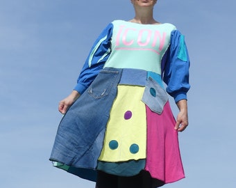 パッチワークフリースセータードレス - ハンドメイドアップサイクルチュニック M-L