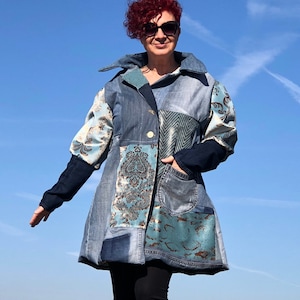 Handmade Denim Patchwork Coat: Upcycled Velvet Teal Jacket (M-L)