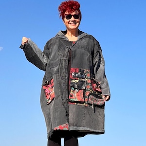 Feel funky Bust 60 Grey Lined Denim Coat with Lots of Pockets- Unique Patchwork Upcycled Handbag Reused  Funky Patterns Distressed Oversized